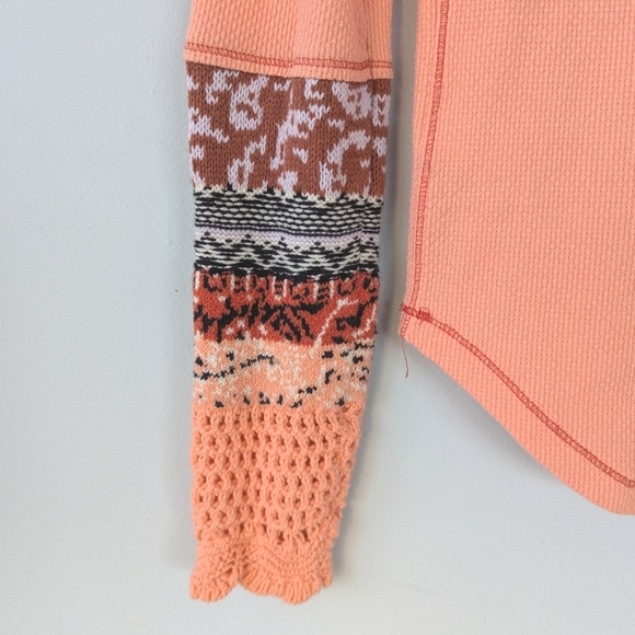 Free People In The Mix Orange Sherbet Cuff Detail Waffle Thermal Knit Top - Picture 12 of 13